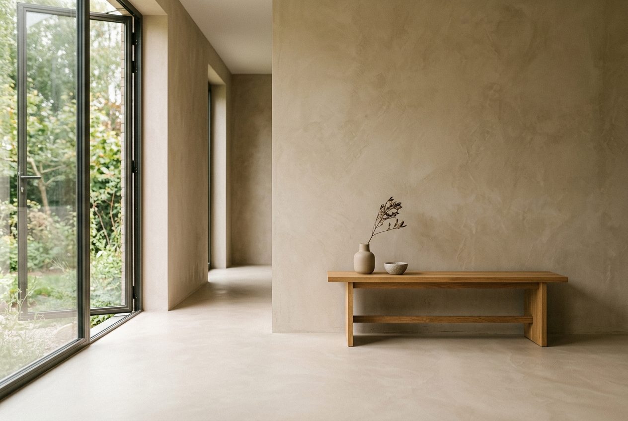 Sfeerbeeld: microcement doorlopend over vloer en wand in een warme zandtint
