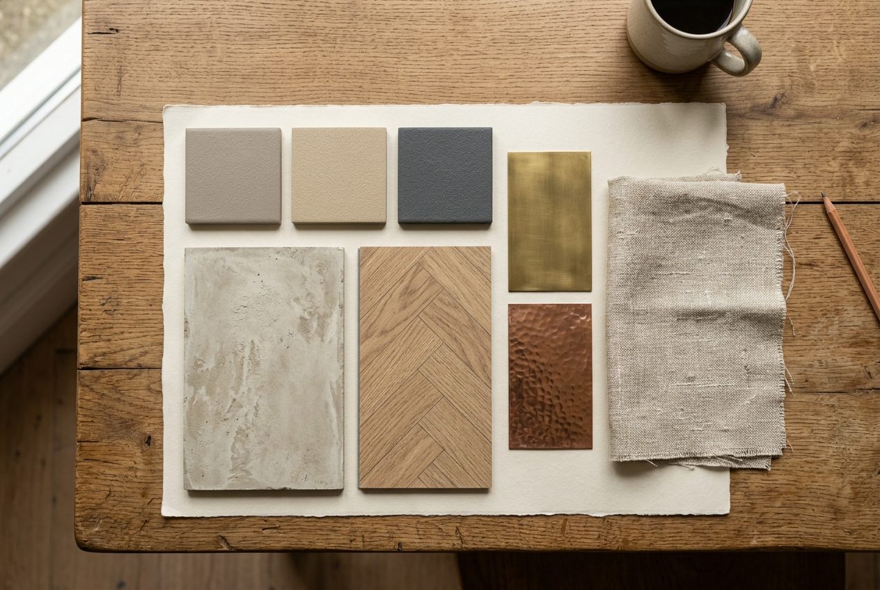 Moodboard met vloerstalen, keukenfront, hout en wandkleur