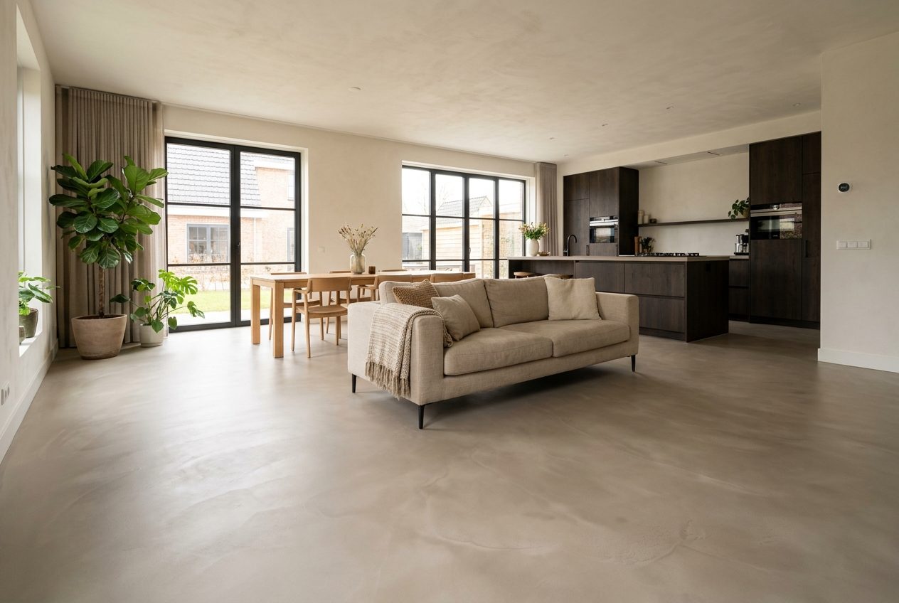 Sfeerimpressie: naadloze lavasteen gietvloer in warm greige in woonkamer en keuken