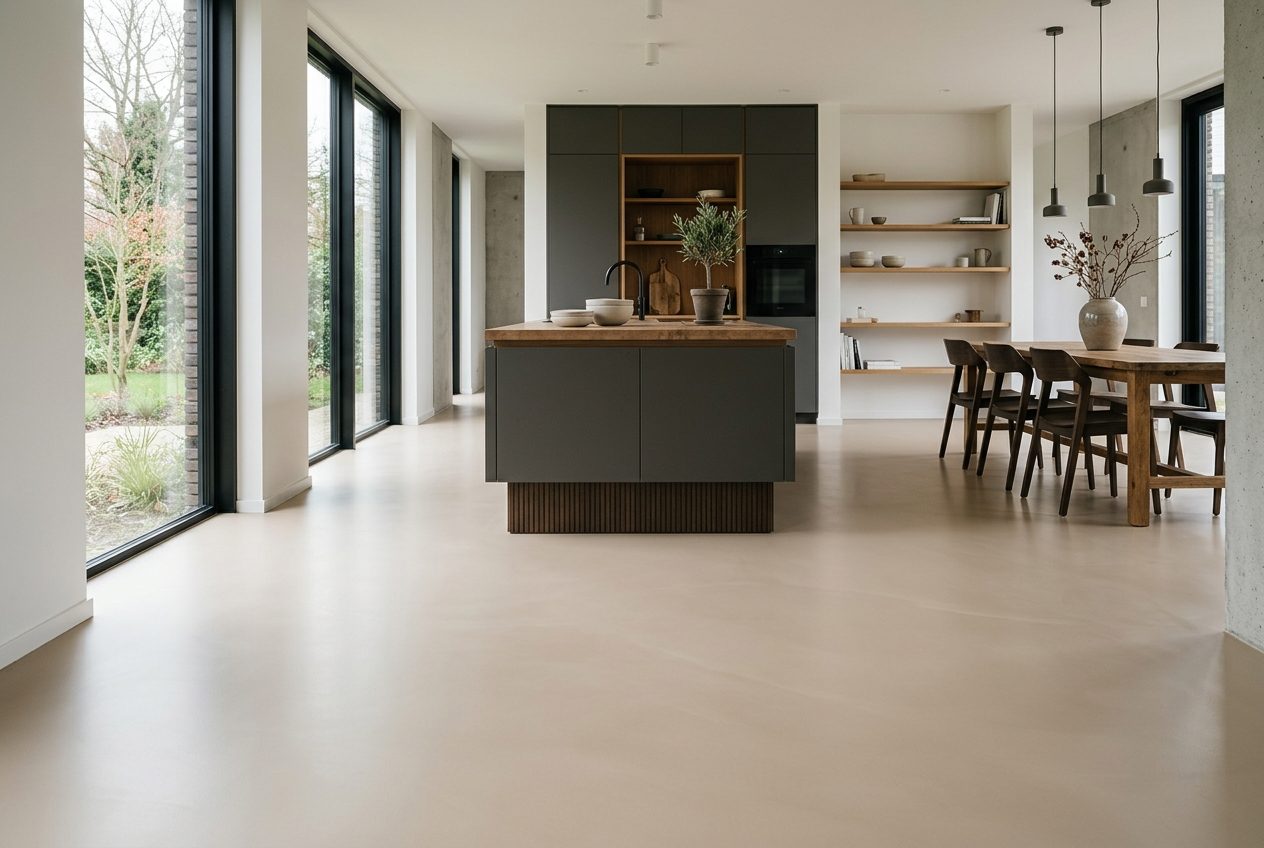 Sfeerbeeld: naadloze PU gietvloer in zandbeige in een open keuken