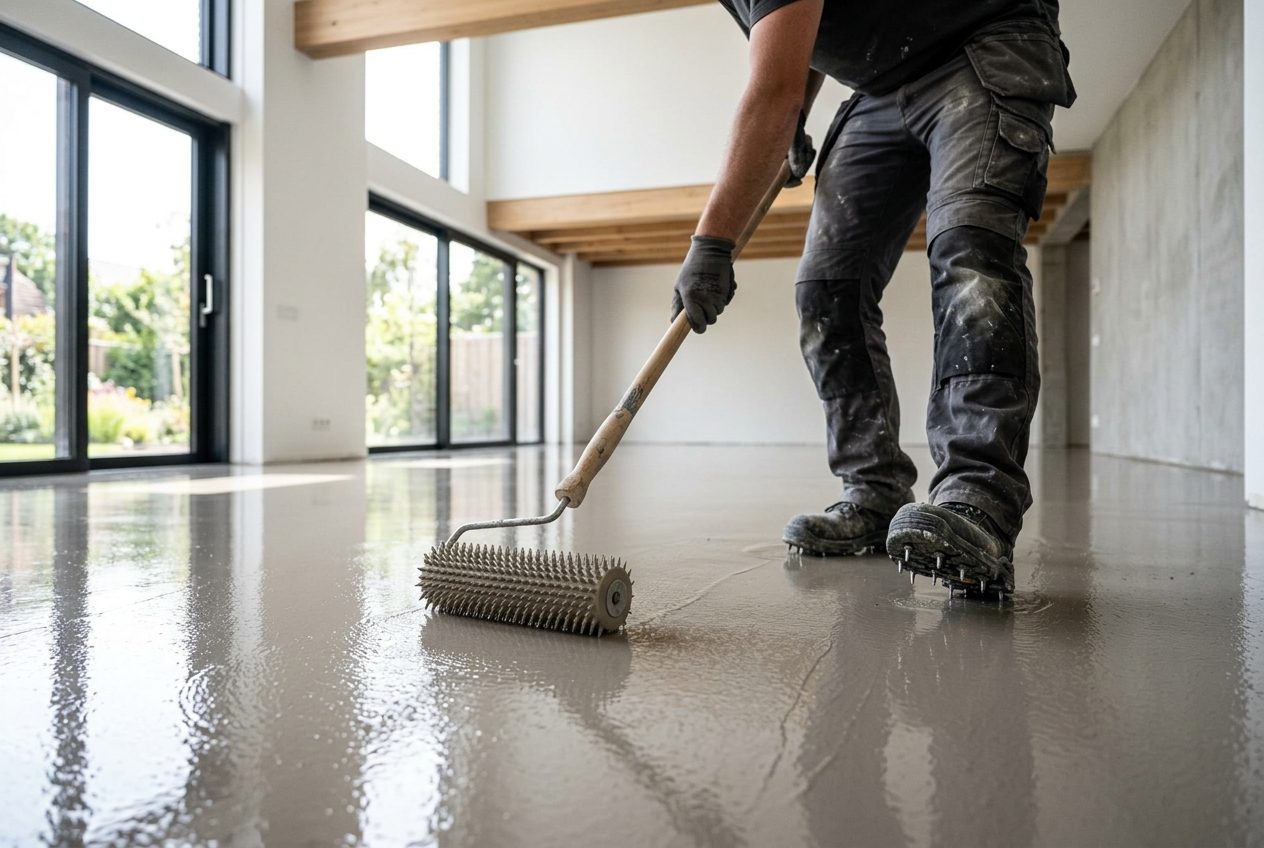 Vakman die een minerale afwerking met de spaan aanbrengt
